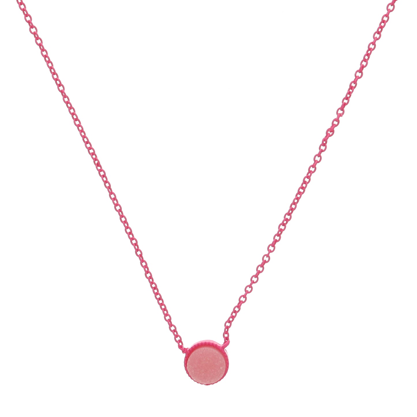 Kids Dark Pink Enamel Chain and Encasing with Light Pink Druzy Circle Necklace