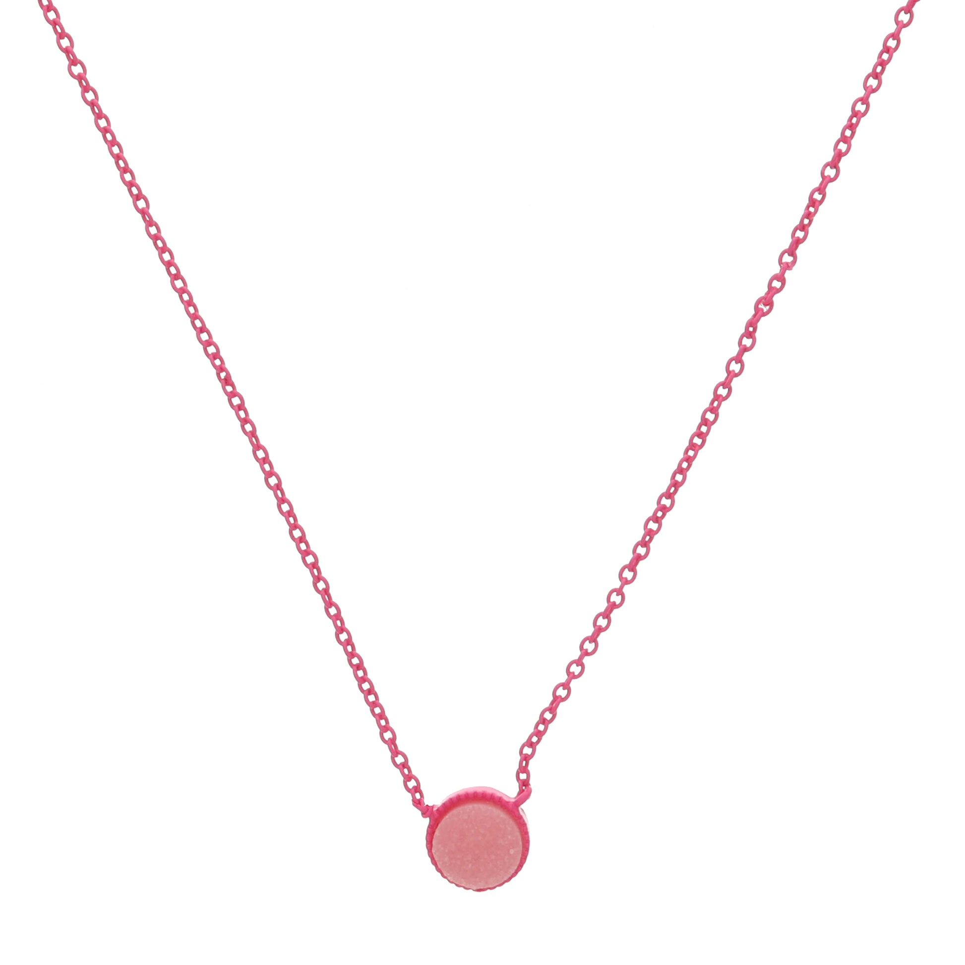 Kids Dark Pink Enamel Chain and Encasing with Light Pink Druzy Circle Necklace