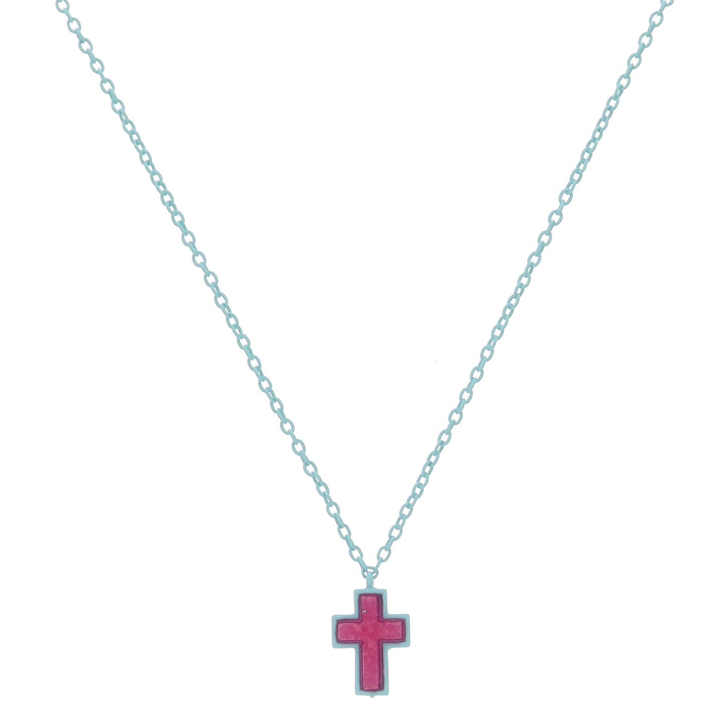 Kids Mint Enamel Chain and Encasing with Hot Pink Druzy Cross Necklace