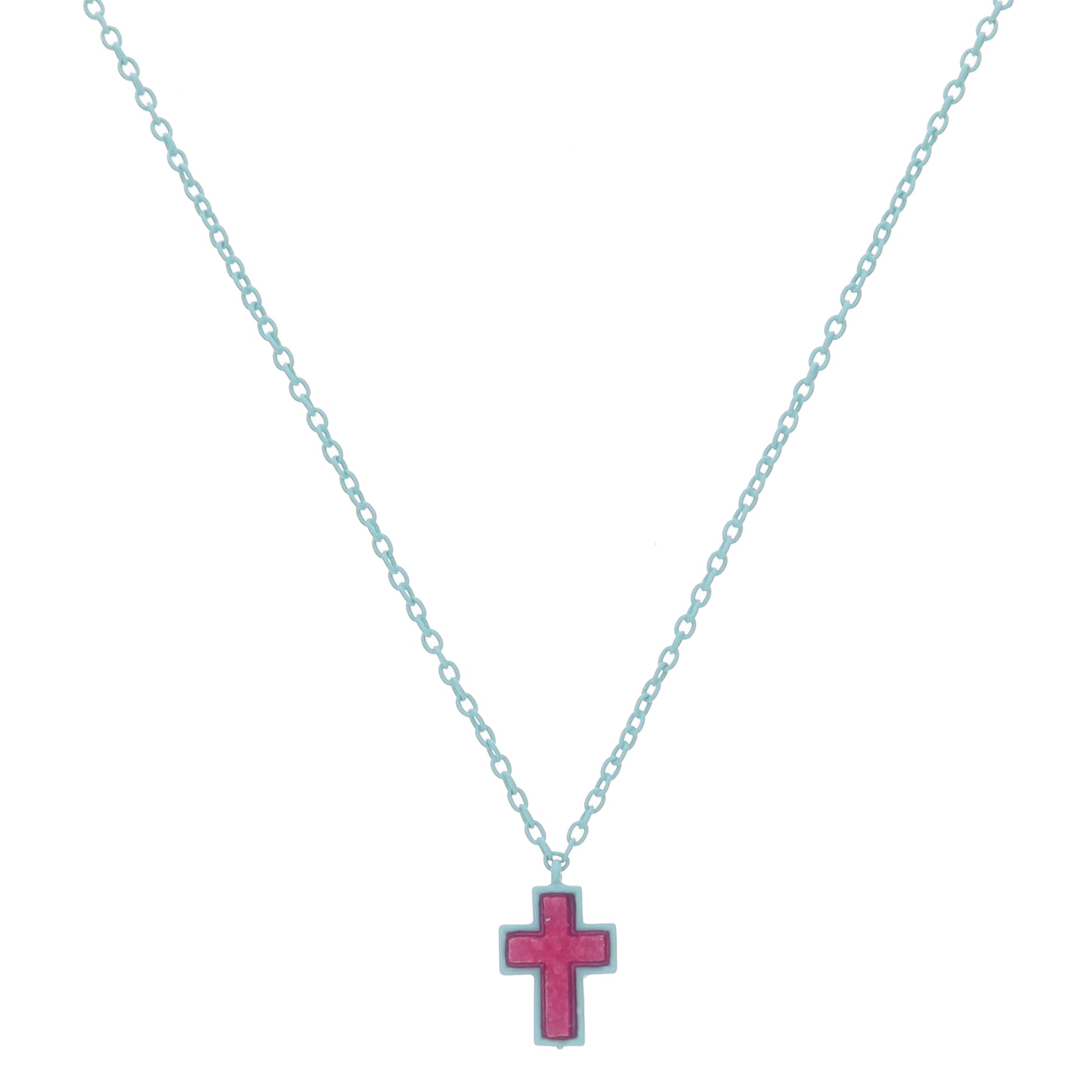Kids Mint Enamel Chain and Encasing with Hot Pink Druzy Cross Necklace