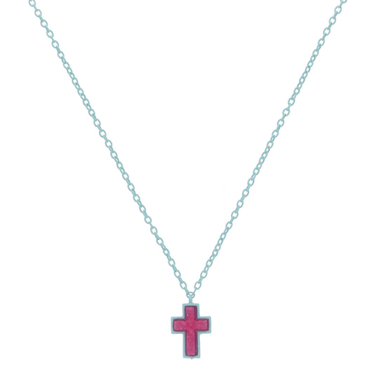Kids Mint Enamel Chain and Encasing with Hot Pink Druzy Cross Necklace