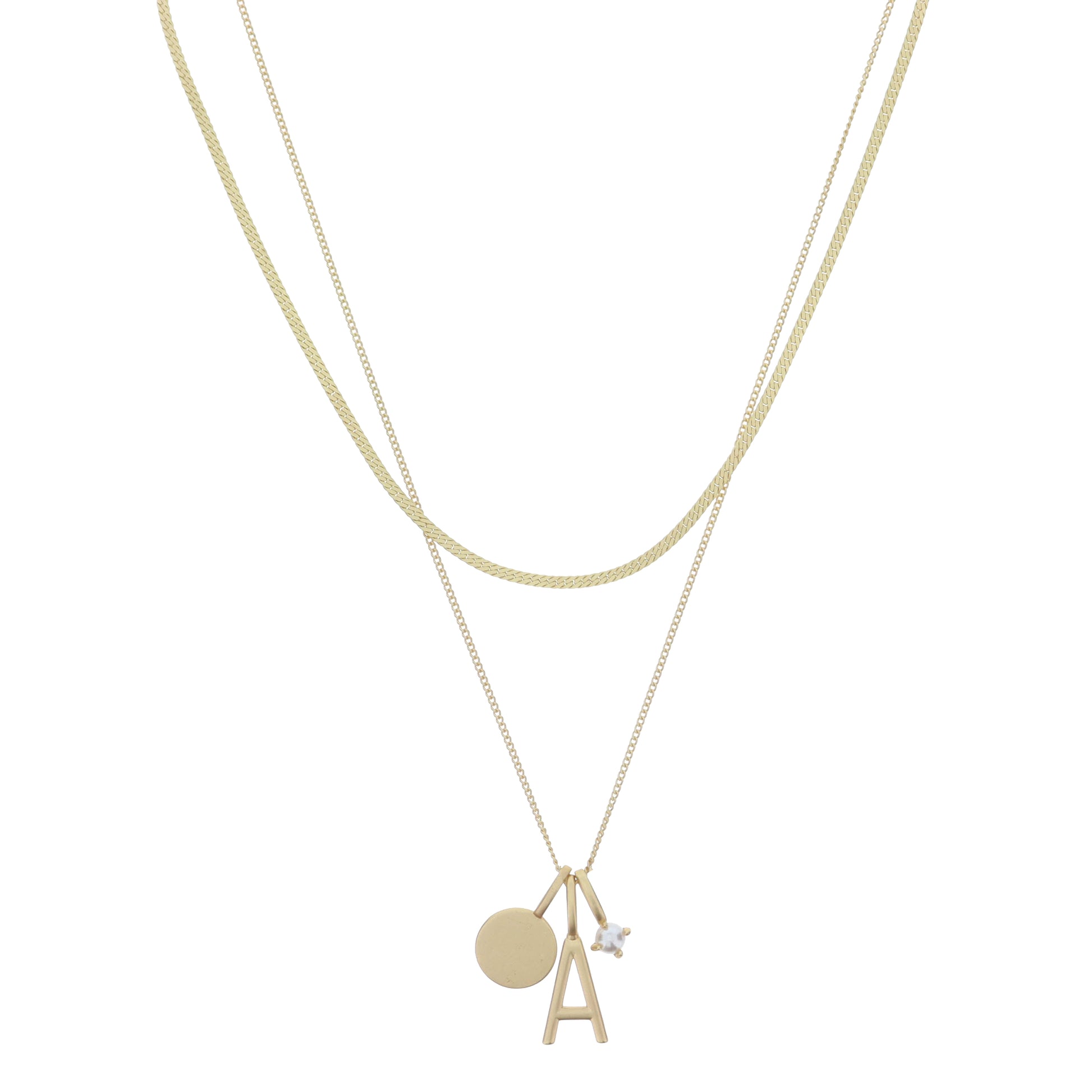 Dainty Herringbone Chain, Gold Chain with Gold Disc, Gold "A" Initial, Pearl Charm Cluster Necklace