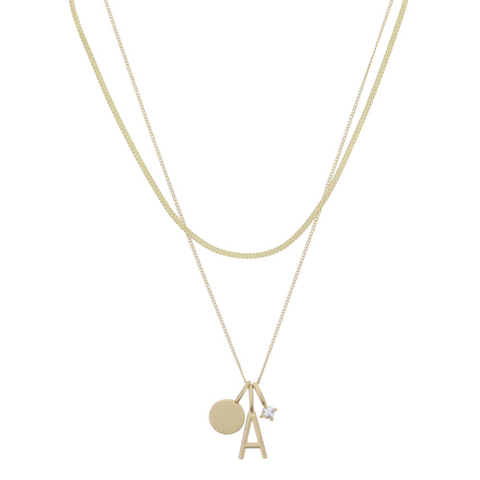 Dainty Herringbone Chain, Gold Chain with Gold Disc, Gold "A" Initial, Pearl Charm Cluster Necklace
