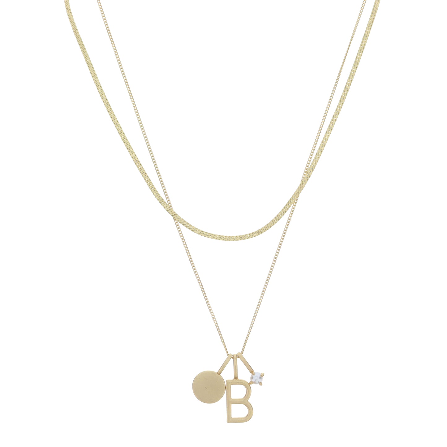 Dainty Herringbone Chain, Gold Chain with Gold Disc, Gold "B" Initial, Pearl Charm Cluster Necklace