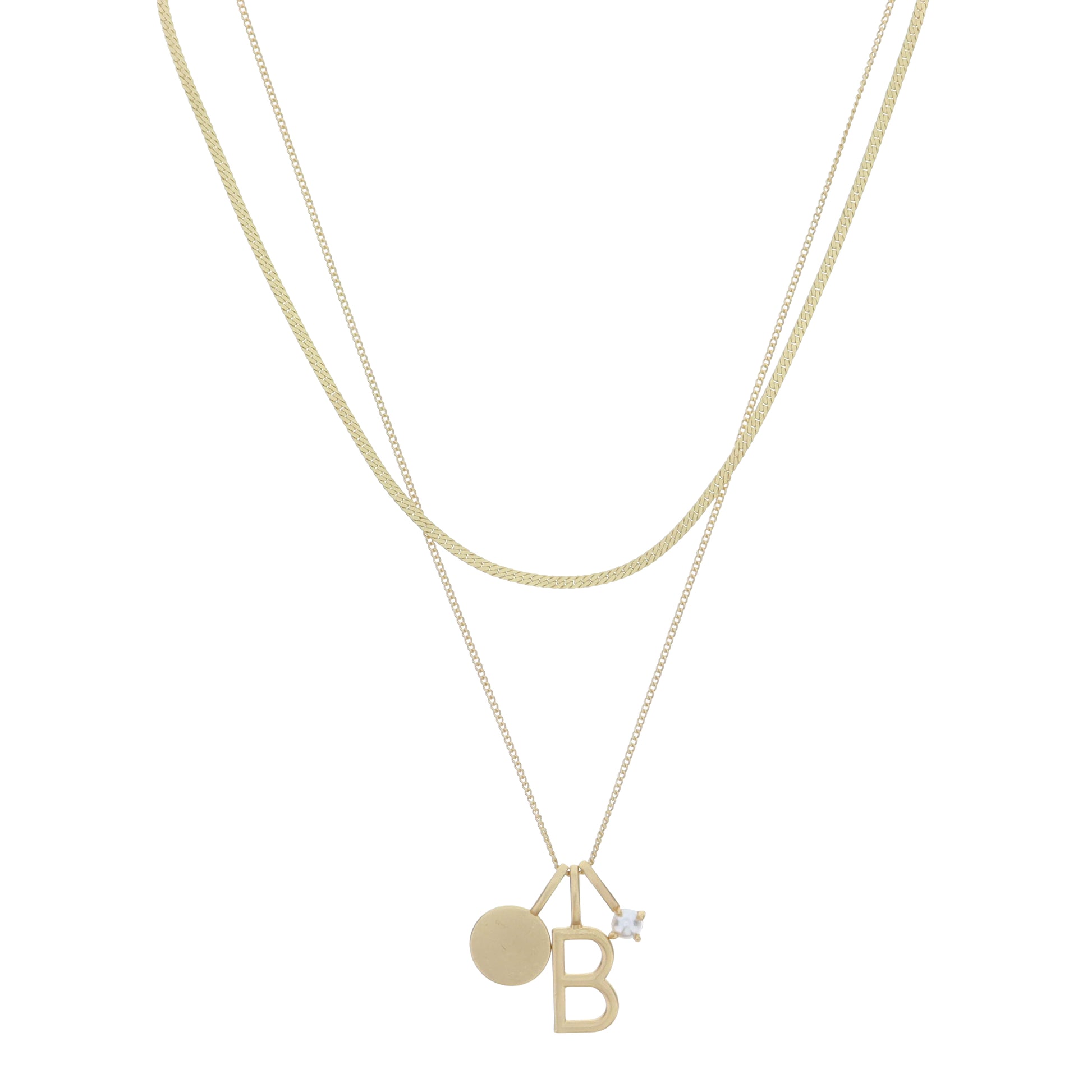 Dainty Herringbone Chain, Gold Chain with Gold Disc, Gold "B" Initial, Pearl Charm Cluster Necklace