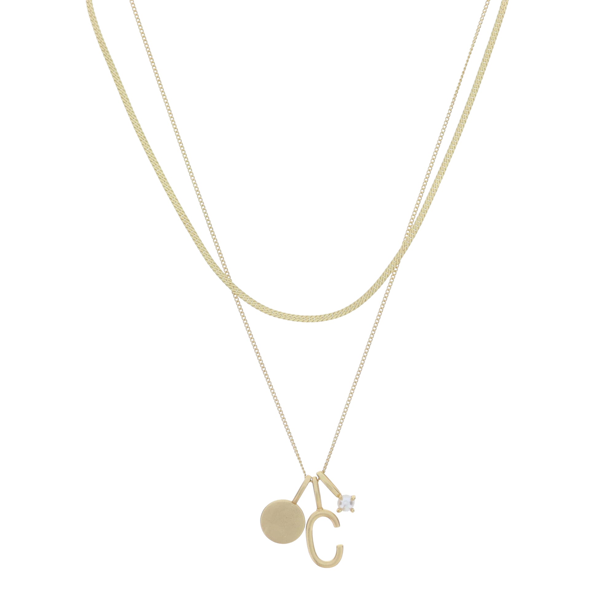 Dainty Herringbone Chain, Gold Chain with Gold Disc, Gold "C" Initial, Pearl Charm Cluster Necklace