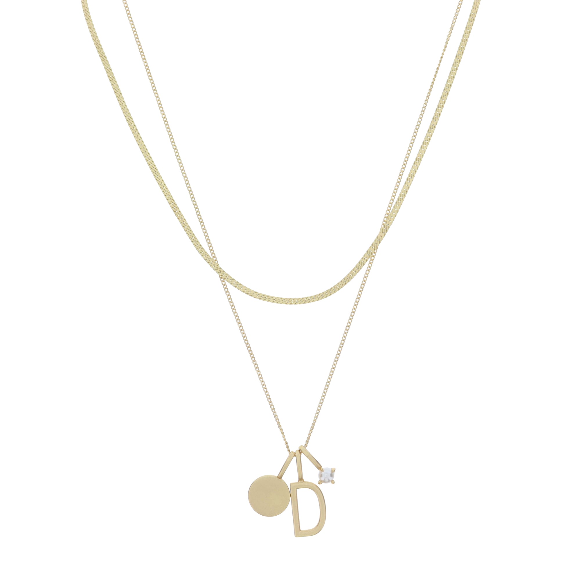 Dainty Herringbone Chain, Gold Chain with Gold Disc, Gold "D" Initial, Pearl Charm Cluster Necklace