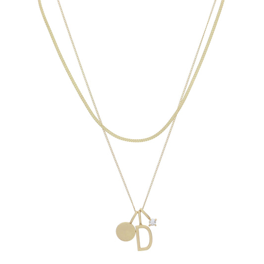 Dainty Herringbone Chain, Gold Chain with Gold Disc, Gold "D" Initial, Pearl Charm Cluster Necklace