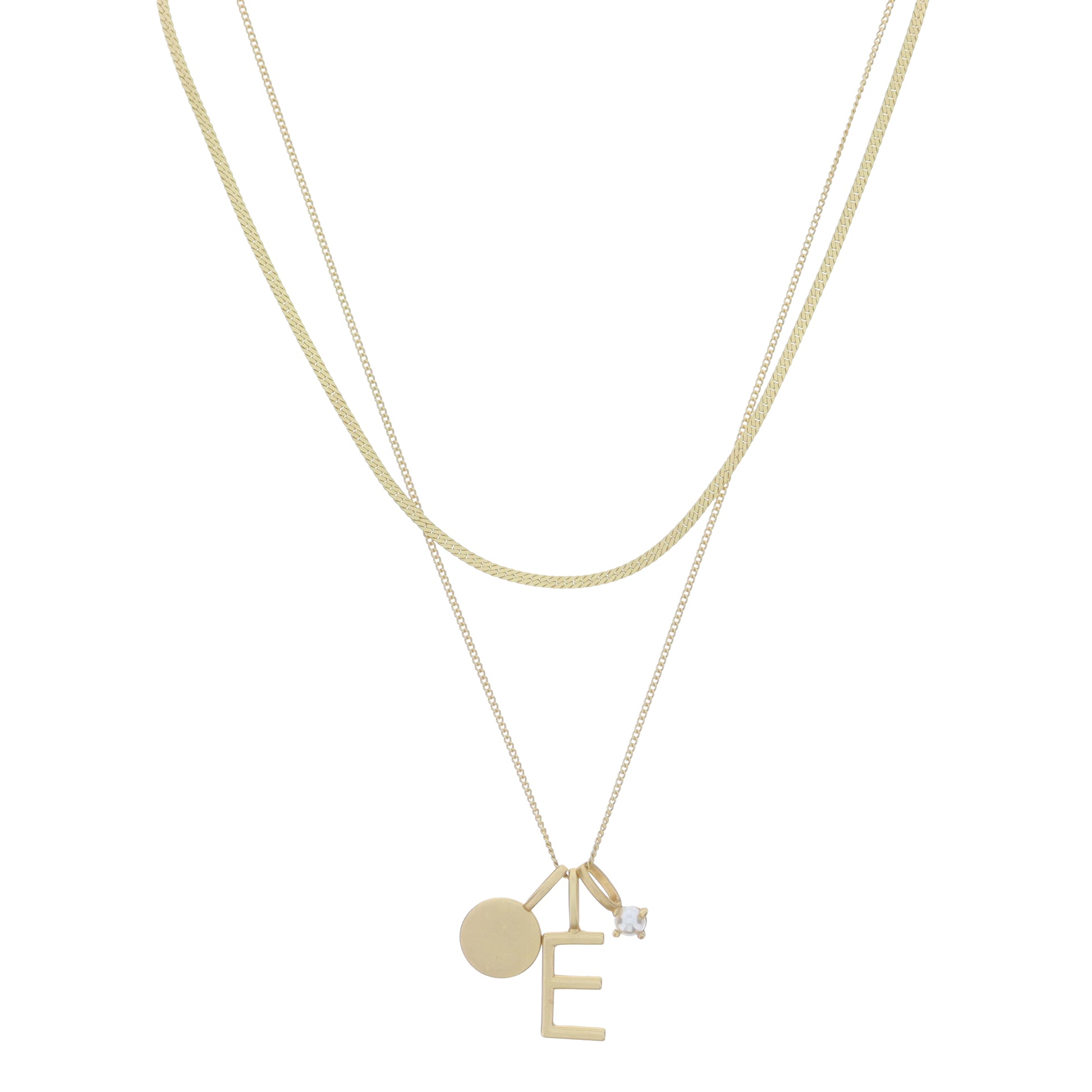 Dainty Herringbone Chain, Gold Chain with Gold Disc, Gold "E" Initial, Pearl Charm Cluster Necklace