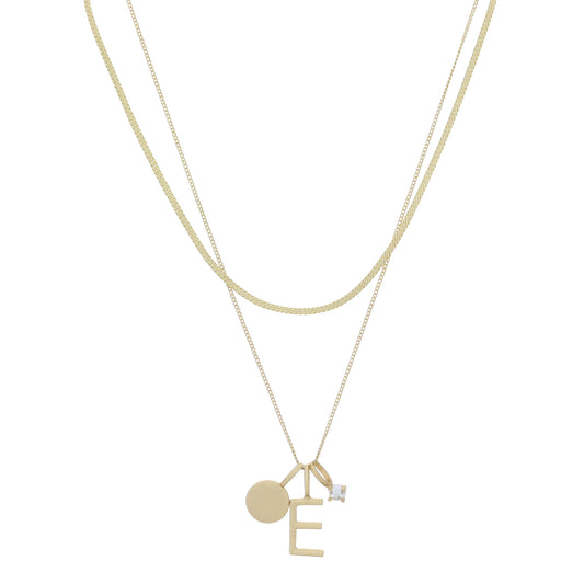Dainty Herringbone Chain, Gold Chain with Gold Disc, Gold "E" Initial, Pearl Charm Cluster Necklace
