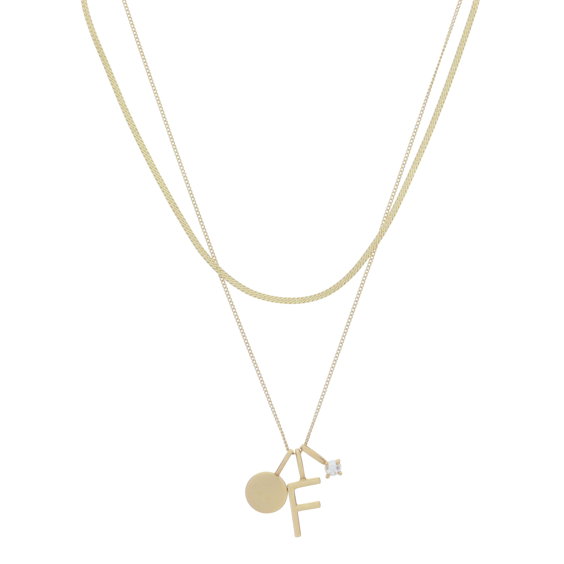Dainty Herringbone Chain, Gold Chain with Gold Disc, Gold "F" Initial, Pearl Charm Cluster Necklace