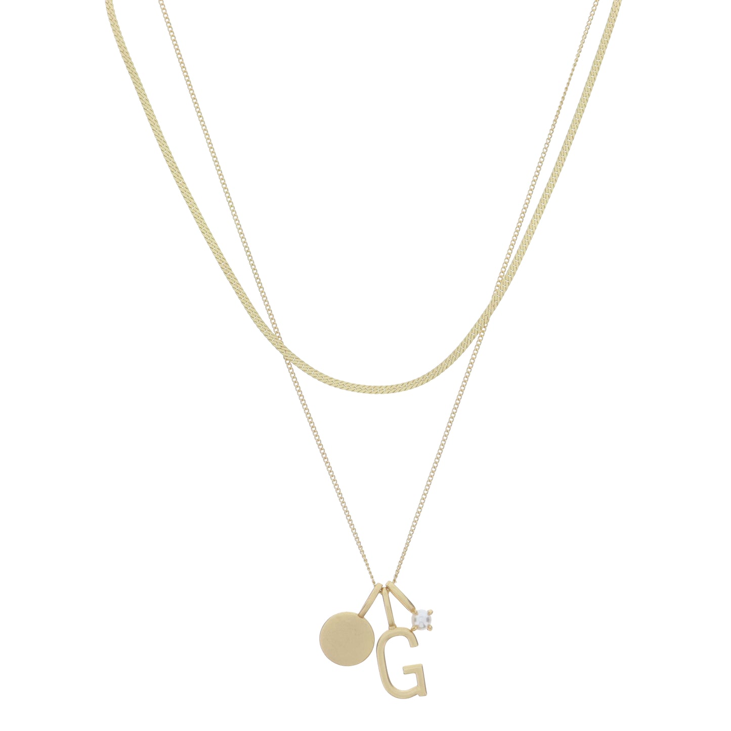 Dainty Herringbone Chain, Gold Chain with Gold Disc, Gold "G" Initial, Pearl Charm Cluster Necklace