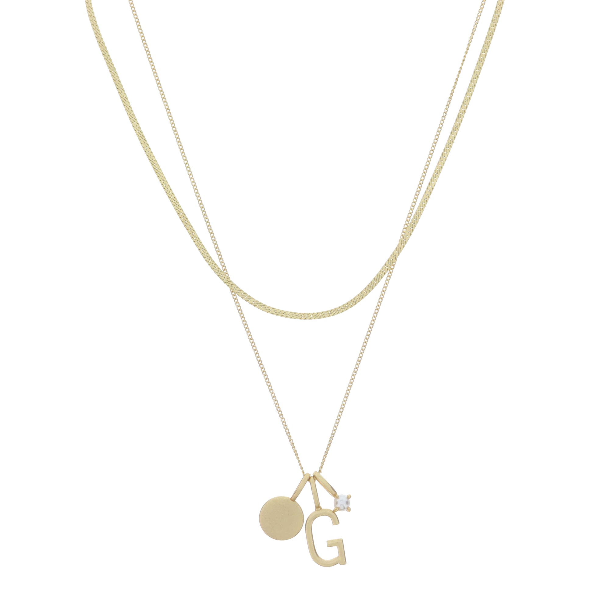 Dainty Herringbone Chain, Gold Chain with Gold Disc, Gold "G" Initial, Pearl Charm Cluster Necklace