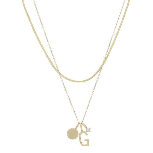 Dainty Herringbone Chain, Gold Chain with Gold Disc, Gold "G" Initial, Pearl Charm Cluster Necklace