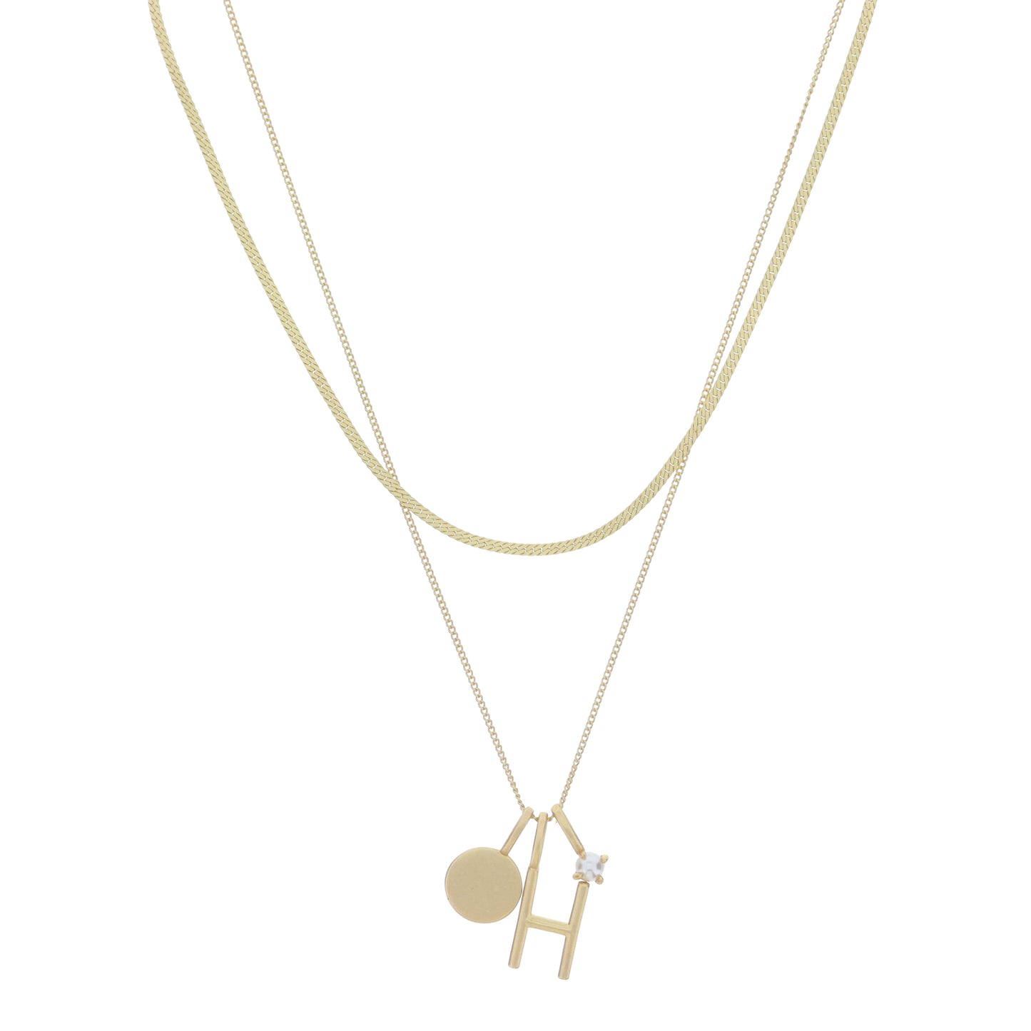 Dainty Herringbone Chain, Gold Chain with Gold Disc, Gold "H" Initial, Pearl Charm Cluster Necklace