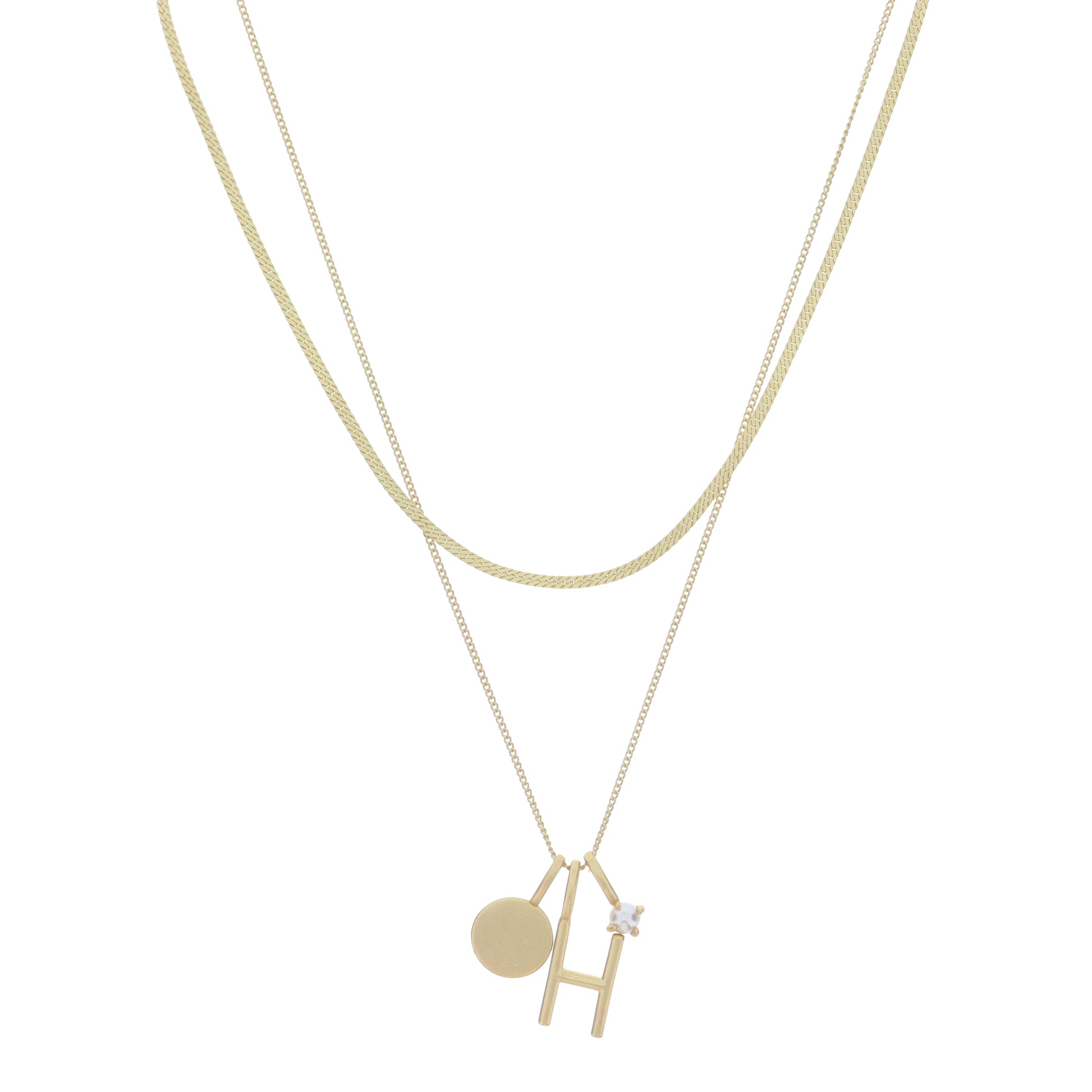 Dainty Herringbone Chain, Gold Chain with Gold Disc, Gold "H" Initial, Pearl Charm Cluster Necklace