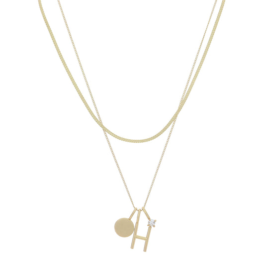 Dainty Herringbone Chain, Gold Chain with Gold Disc, Gold "H" Initial, Pearl Charm Cluster Necklace