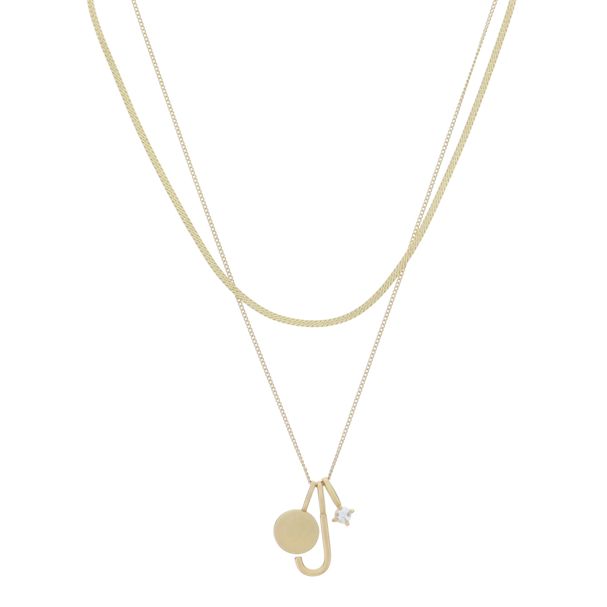 Dainty Herringbone Chain, Gold Chain with Gold Disc, Gold "J" Initial, Pearl Charm Cluster Necklace
