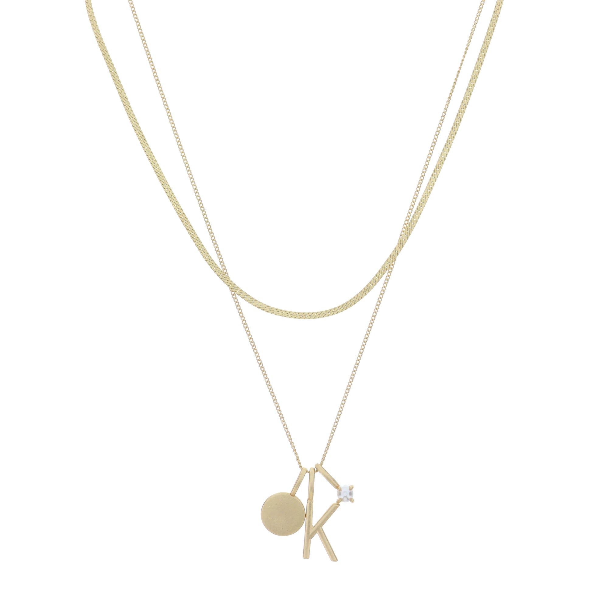 Dainty Herringbone Chain, Gold Chain with Gold Disc, Gold "K" Initial, Pearl Charm Cluster Necklace