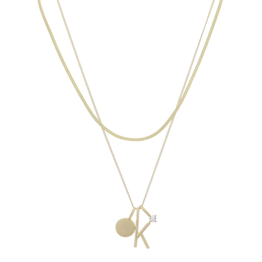 Dainty Herringbone Chain, Gold Chain with Gold Disc, Gold "K" Initial, Pearl Charm Cluster Necklace