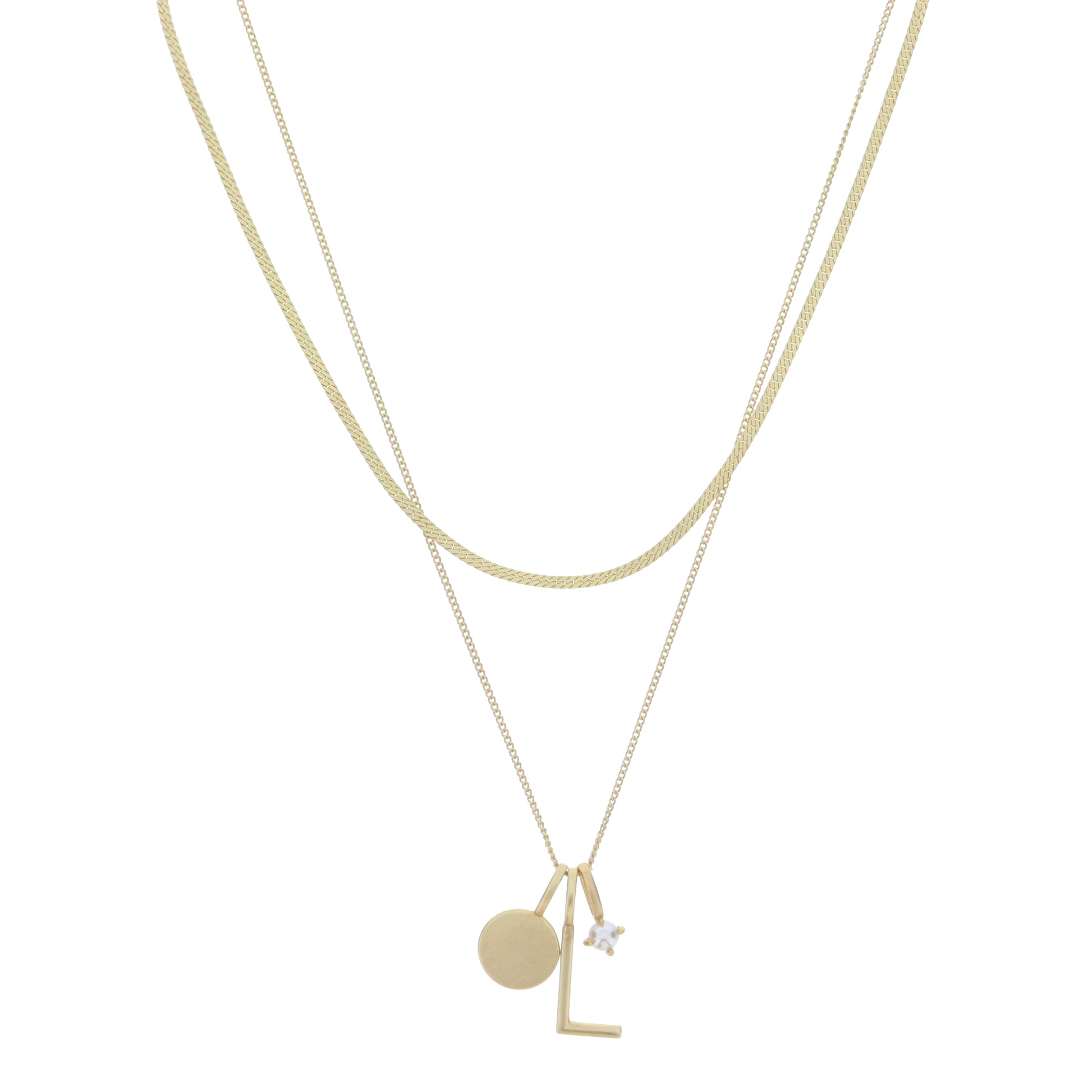 Dainty Herringbone Chain, Gold Chain with Gold Disc, Gold "L" Initial, Pearl Charm Cluster Necklace