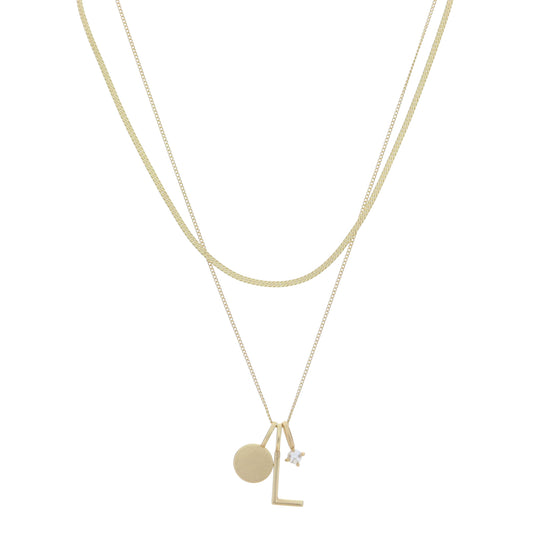 Dainty Herringbone Chain, Gold Chain with Gold Disc, Gold "L" Initial, Pearl Charm Cluster Necklace