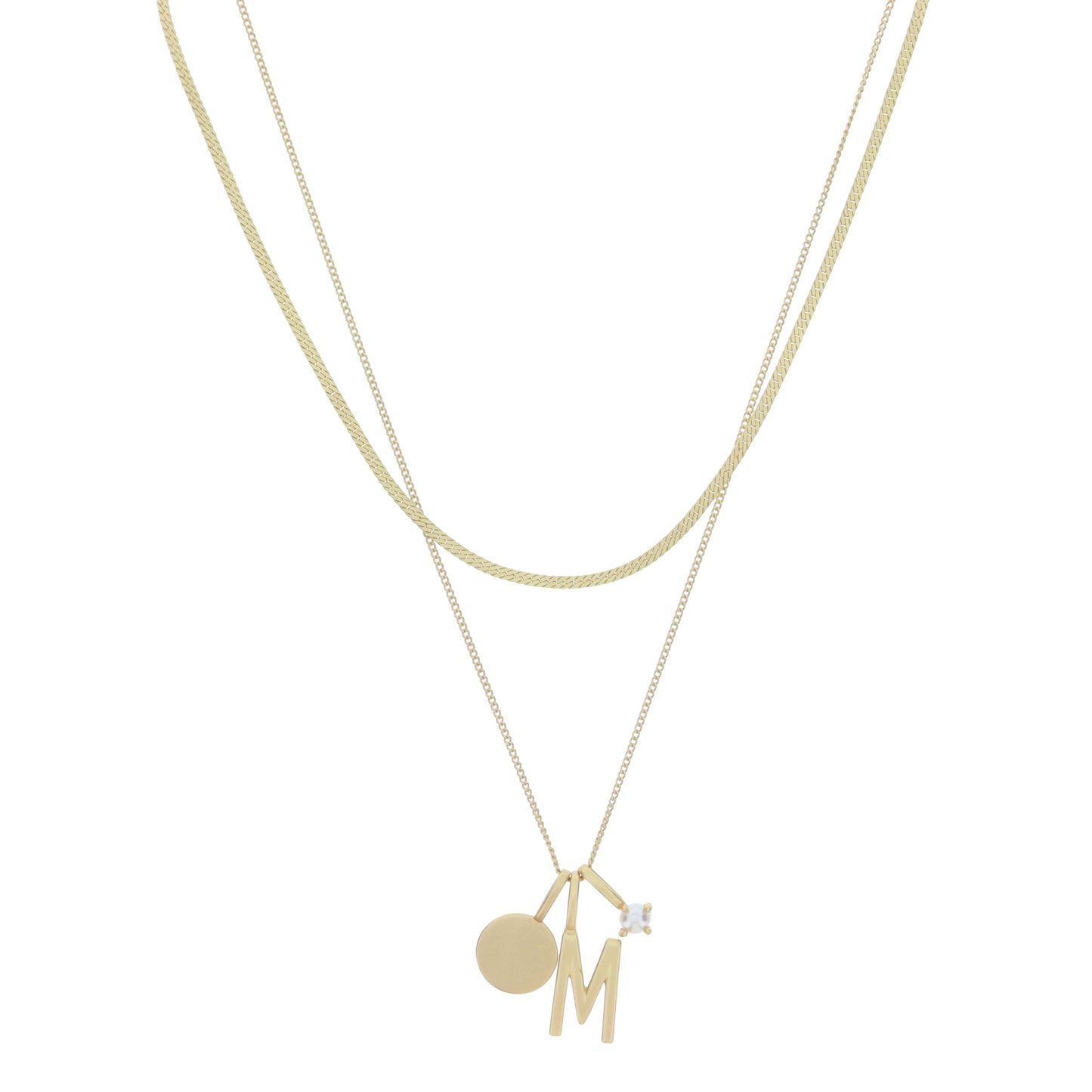 Dainty Herringbone Chain, Gold Chain with Gold Disc, Gold "M" Initial, Pearl Charm Cluster Necklace