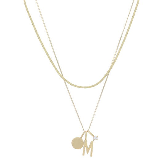 Dainty Herringbone Chain, Gold Chain with Gold Disc, Gold "M" Initial, Pearl Charm Cluster Necklace