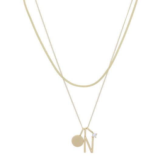 Dainty Herringbone Chain, Gold Chain with Gold Disc, Gold "N" Initial, Pearl Charm Cluster Necklace