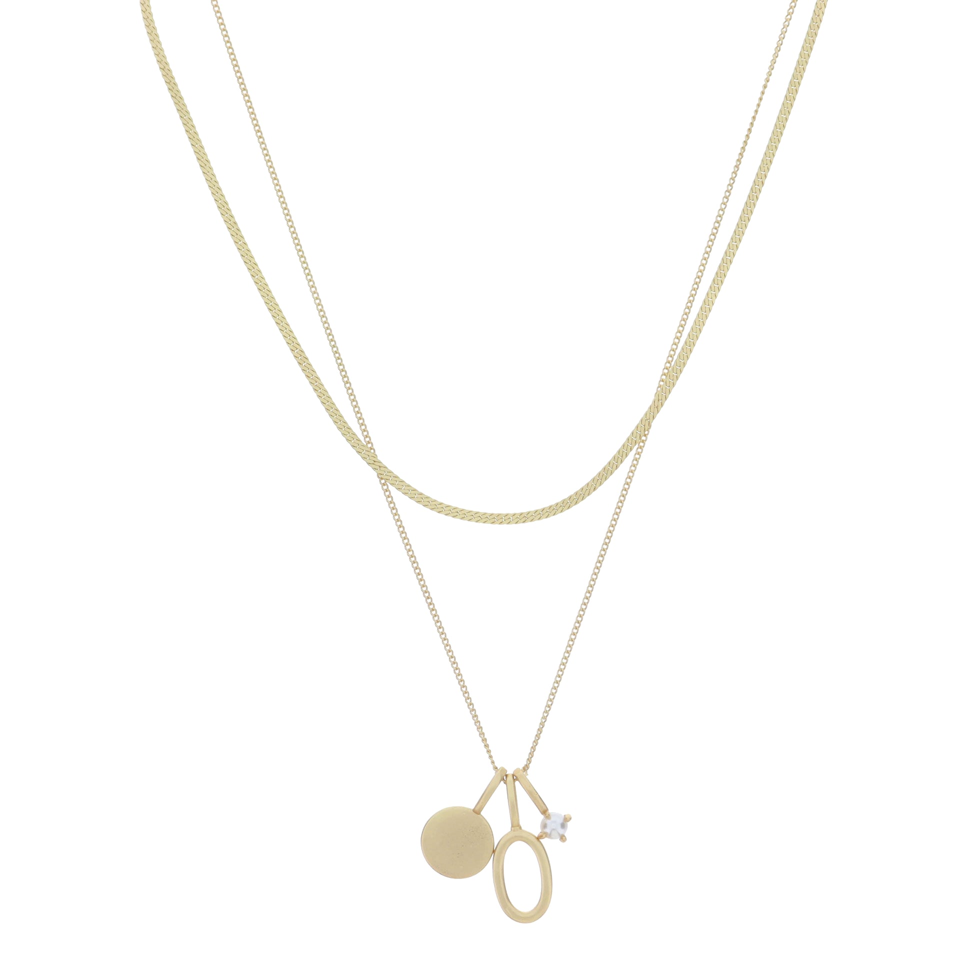 Dainty Herringbone Chain, Gold Chain with Gold Disc, Gold "O" Initial, Pearl Charm Cluster Necklace