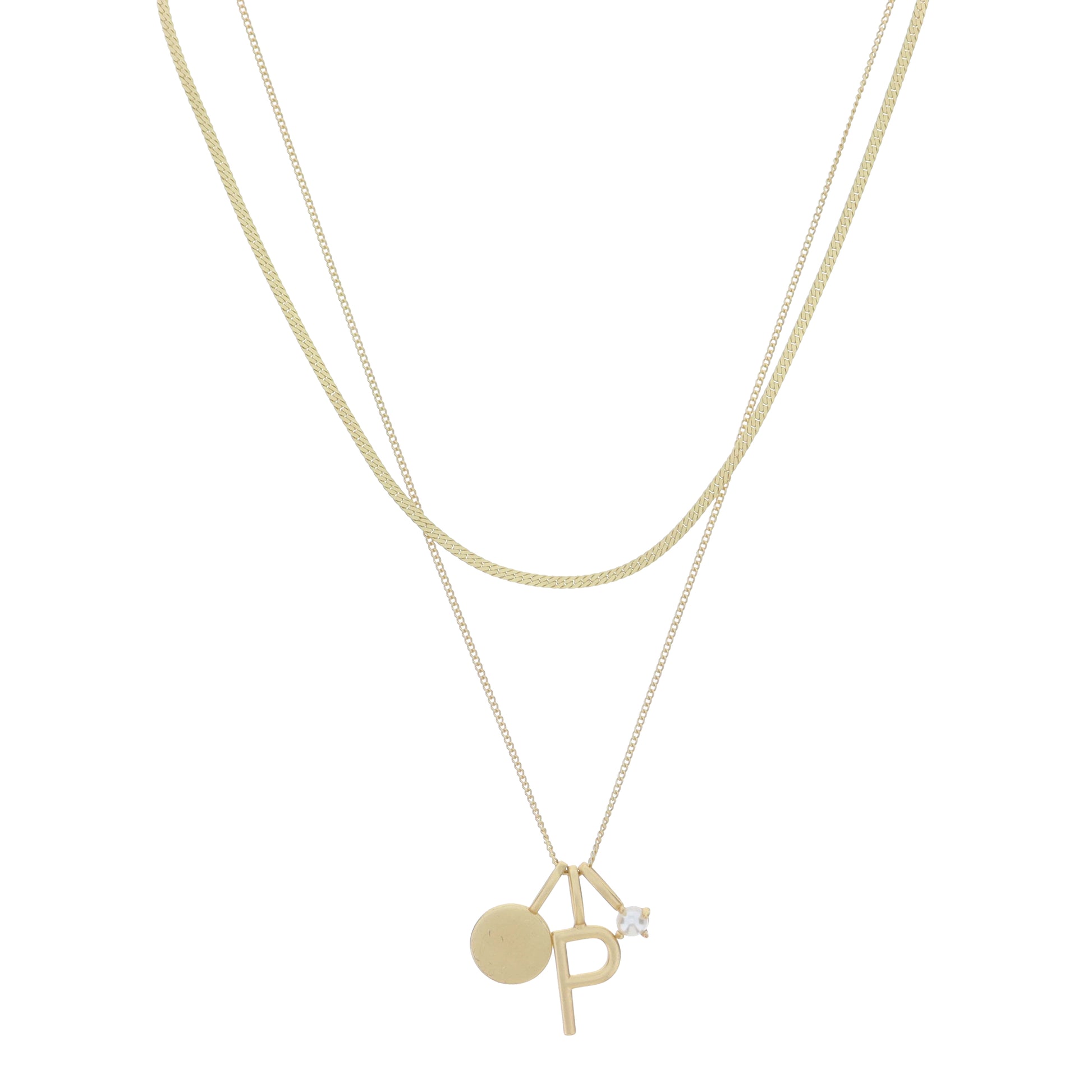 Dainty Herringbone Chain, Gold Chain with Gold Disc, Gold "P" Initial, Pearl Charm Cluster Necklace