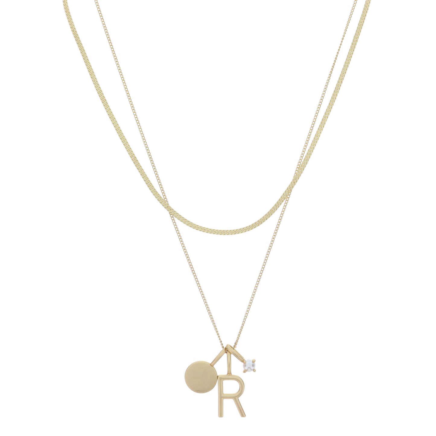 Dainty Herringbone Chain, Gold Chain with Gold Disc, Gold "R" Initial, Pearl Charm Cluster Necklace