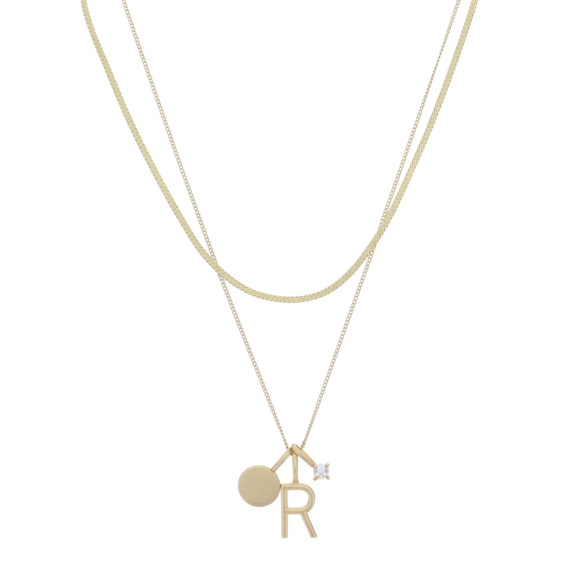 Dainty Herringbone Chain, Gold Chain with Gold Disc, Gold "R" Initial, Pearl Charm Cluster Necklace