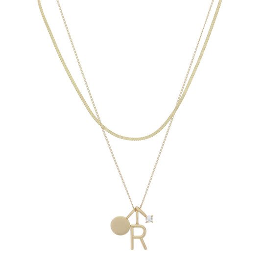 Dainty Herringbone Chain, Gold Chain with Gold Disc, Gold "R" Initial, Pearl Charm Cluster Necklace