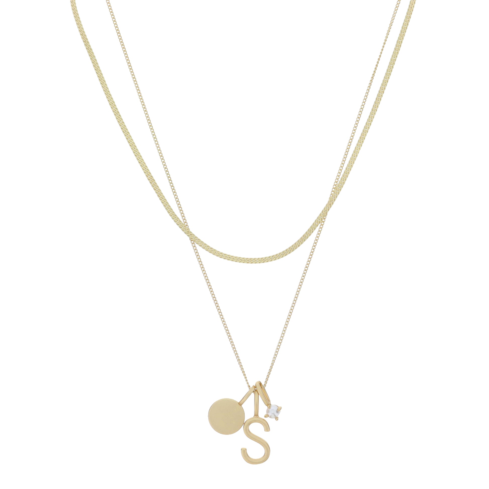 Dainty Herringbone Chain, Gold Chain with Gold Disc, Gold "S" Initial, Pearl Charm Cluster Necklace
