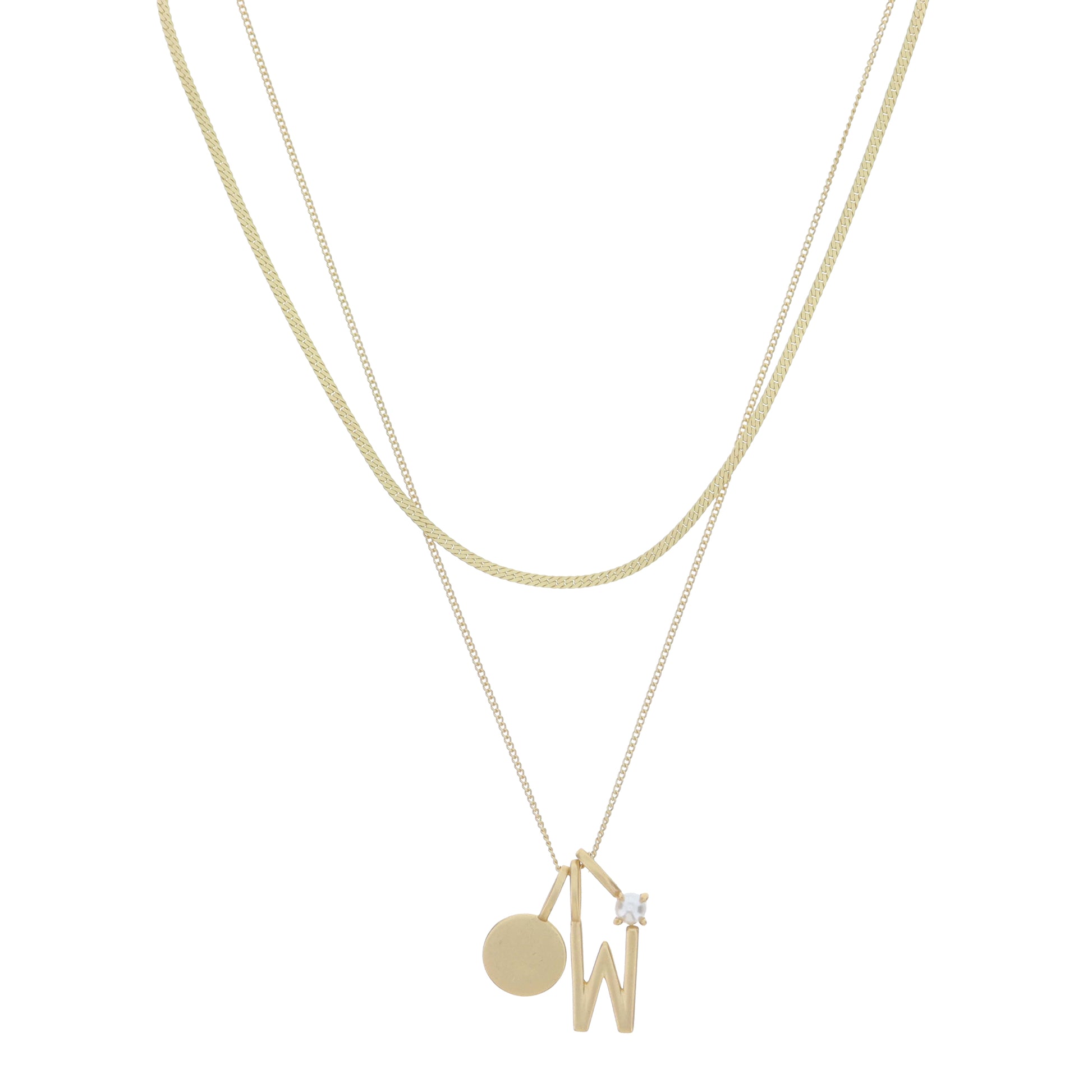 Dainty Herringbone Chain, Gold Chain with Gold Disc, Gold "W" Initial, Pearl Charm Cluster Necklace
