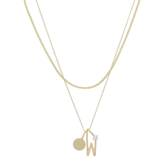 Dainty Herringbone Chain, Gold Chain with Gold Disc, Gold "W" Initial, Pearl Charm Cluster Necklace