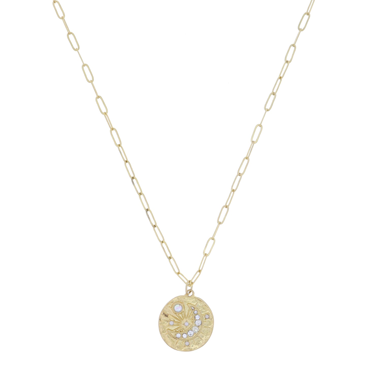 Gold Textured Disc with AB Opalite and Clear Crystal Moon with Mini Moonstone Accents Necklace