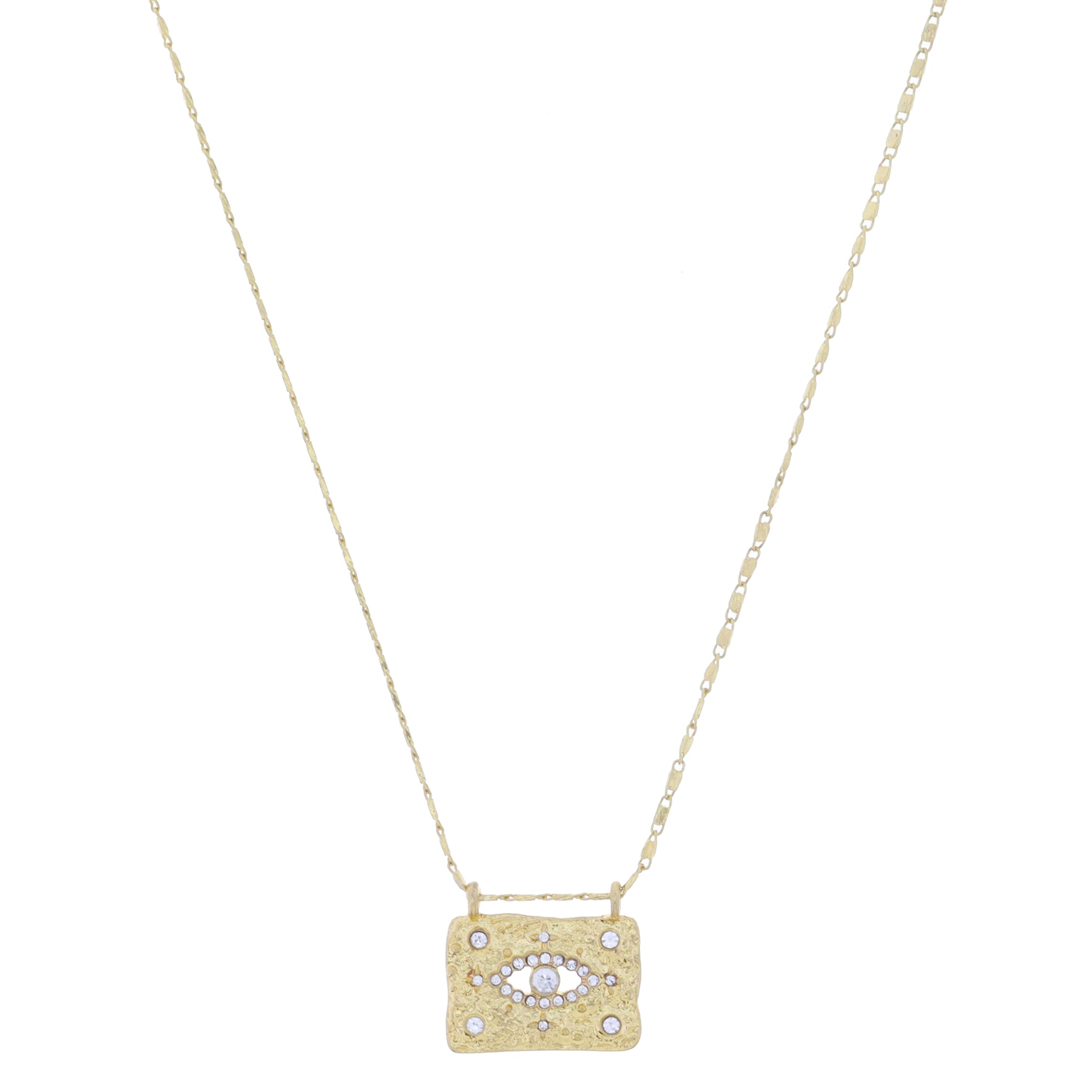 Gold Textured Rectangle with Clear Crystal Evil Eye with Cutout and Crystal Accents Necklace