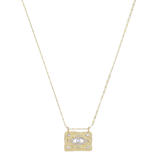Gold Textured Rectangle with Clear Crystal Evil Eye with Cutout and Crystal Accents Necklace