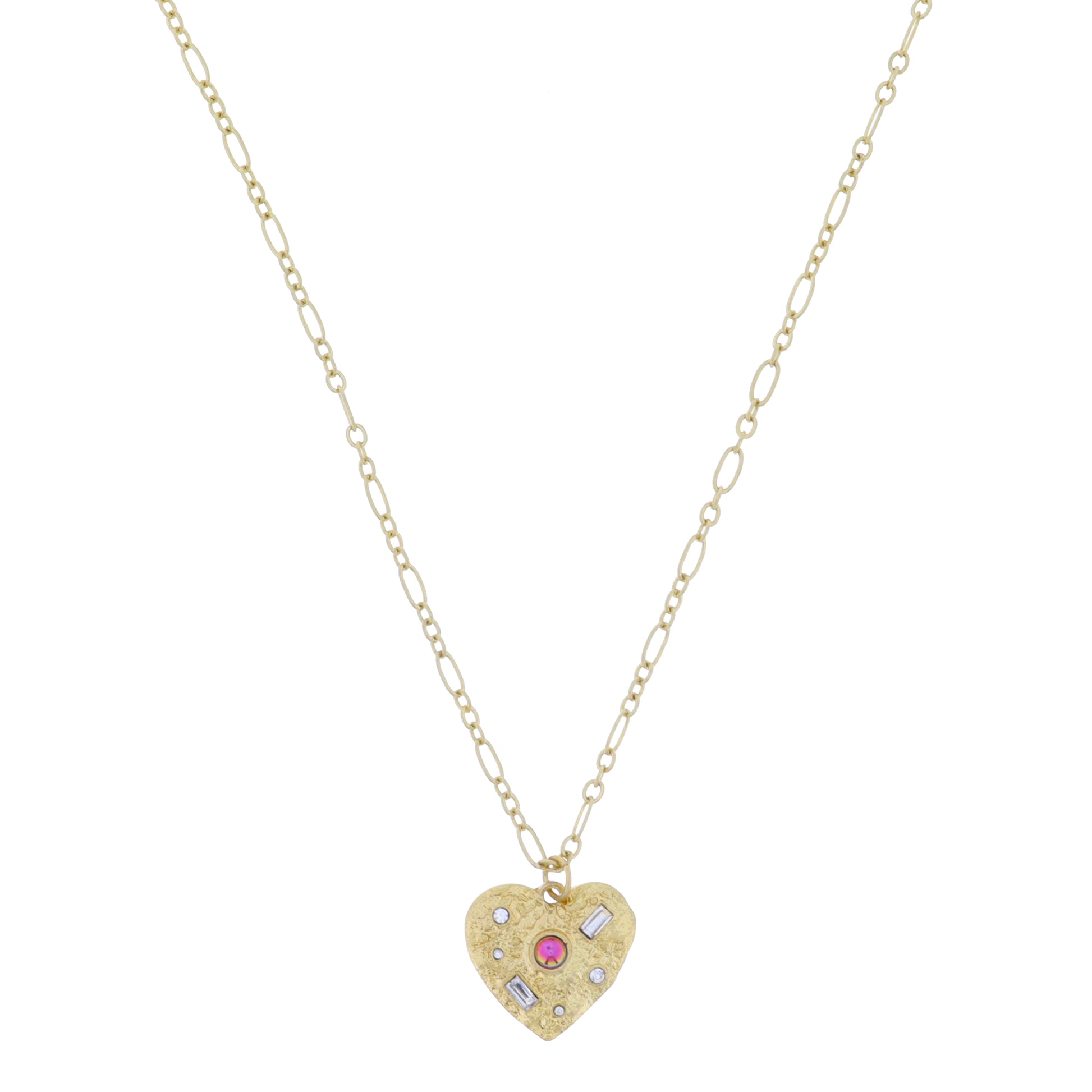 Gold Tectured Heart with Purple AB Opalite and Clear Baguette and Mini Crystal Accents Necklace