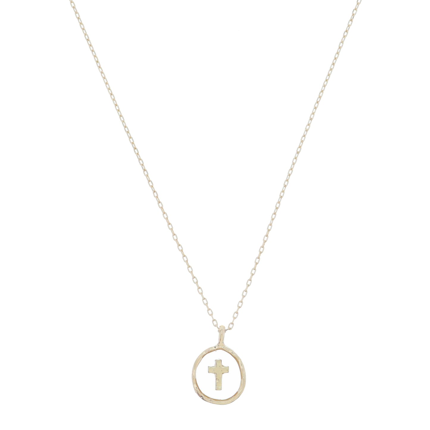 Gold Circle Encasing with Gold Cross Set in Clear Resin Necklace