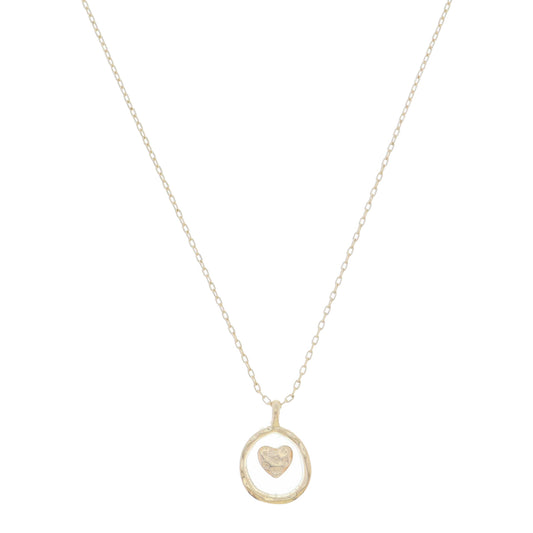 Gold Circle Encasing with Gold Heart Set in Clear Resin Necklace