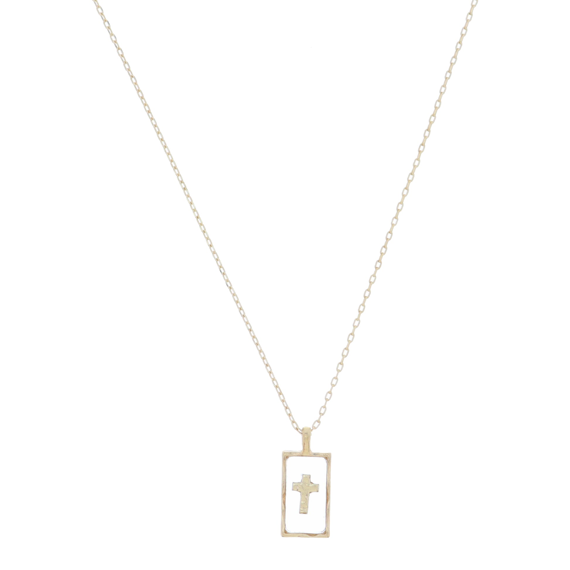 Gold Rectangle Encasing with Gold Cross Set in Clear Resin Necklace