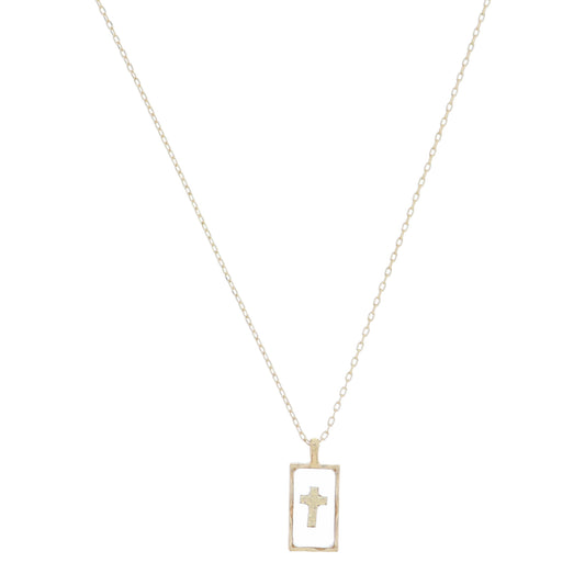Gold Rectangle Encasing with Gold Cross Set in Clear Resin Necklace