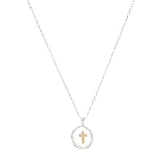 Silver Circle Encasing with Gold Cross Set in Clear Resin Necklace