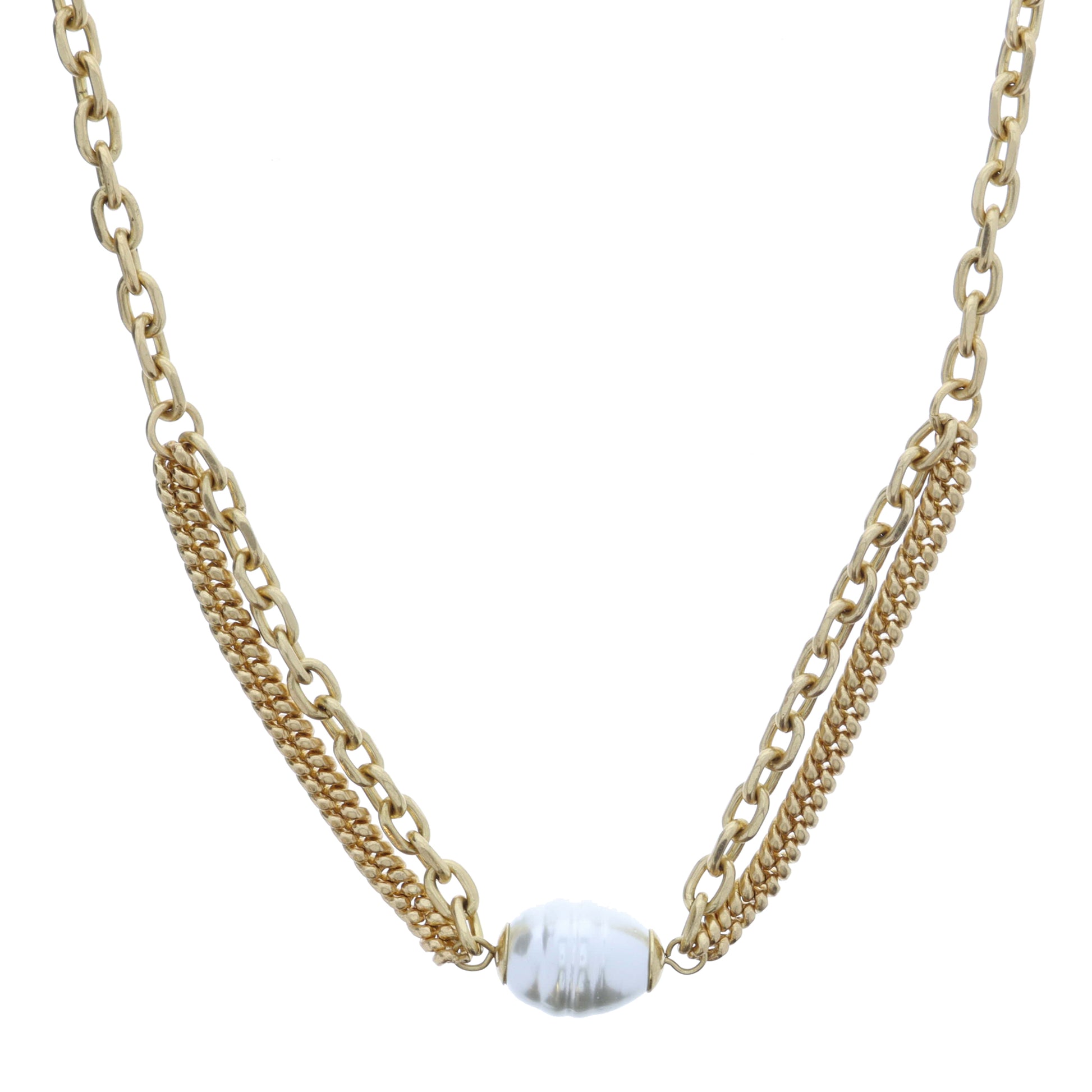 Gold Cable Chain with 2 Strand Cable and Curb Chain Portion and Chunky Pearl Necklace