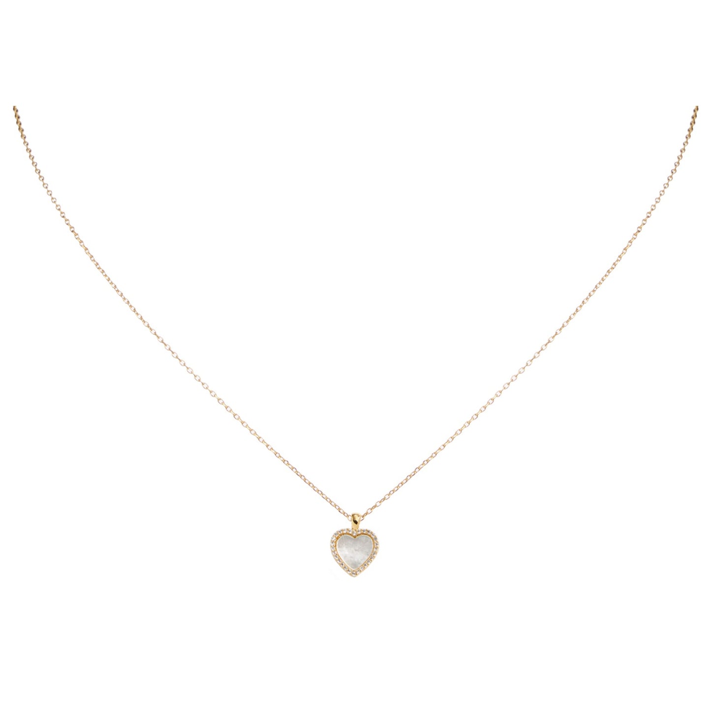 18K Gold Plated Shell Inlay Heart with Clear Crystal Outline Necklace