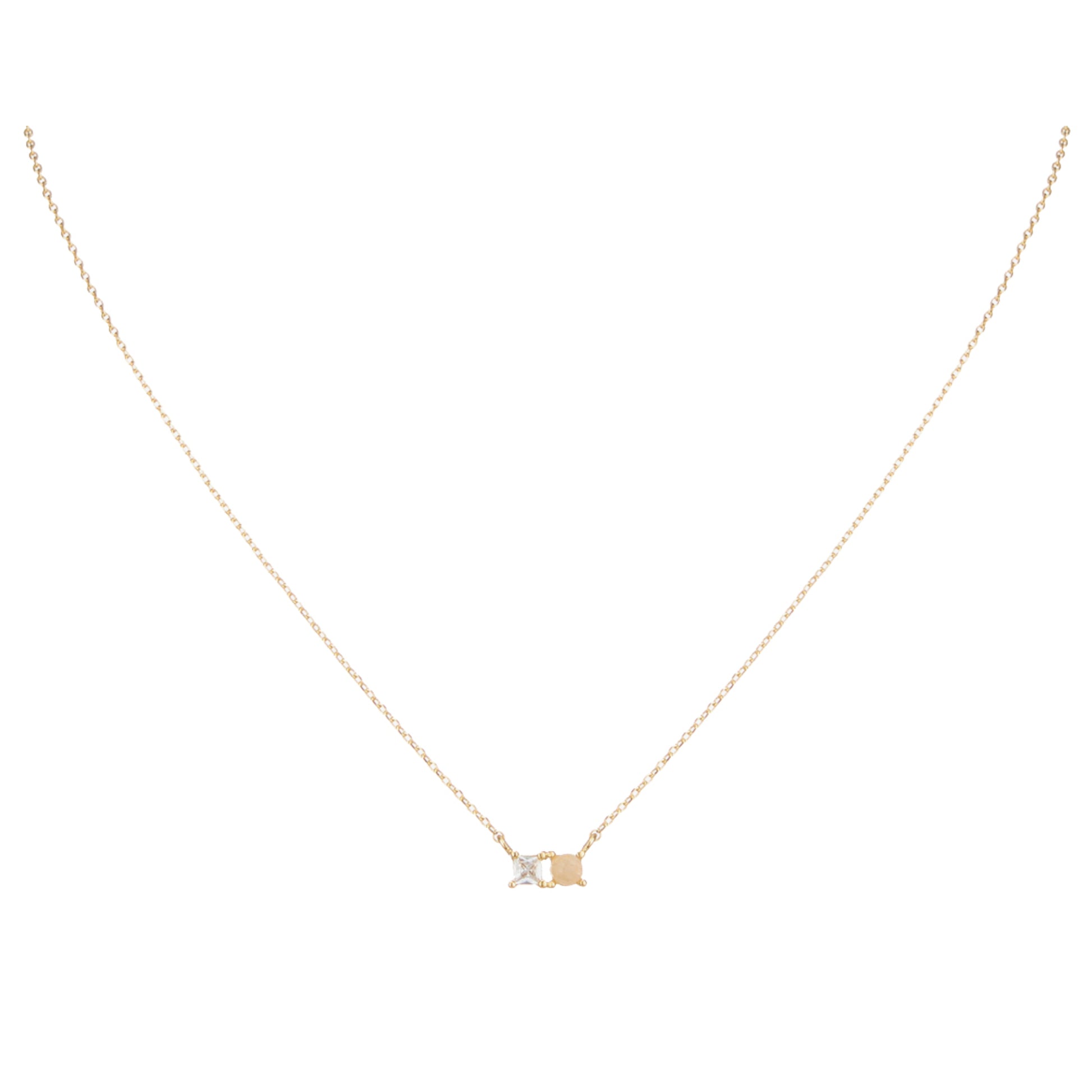 18K Gold Plated Opal Circle and Clear Square Crystal Necklace
