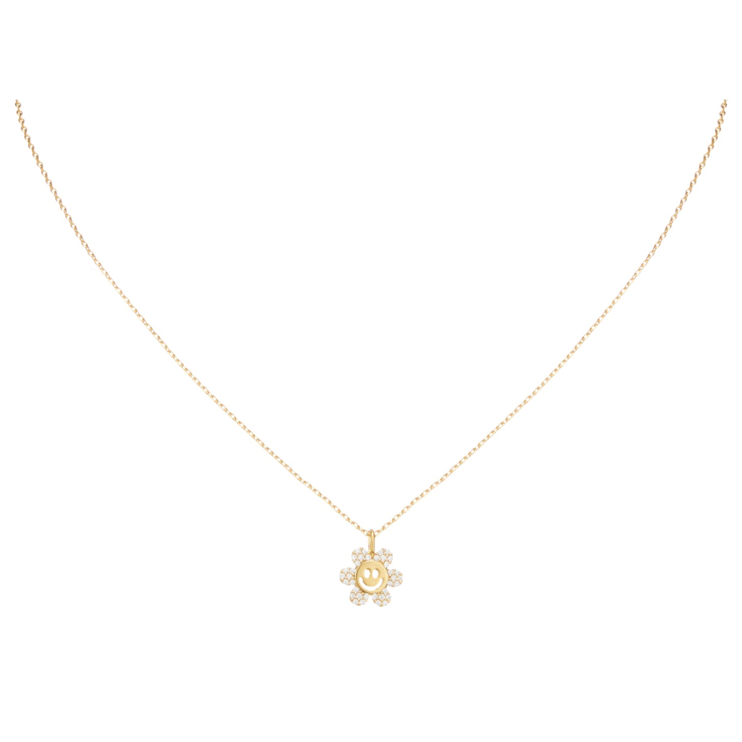 18K Gold Plated Crystal Pave and Gold Happy Face Flower Necklace
